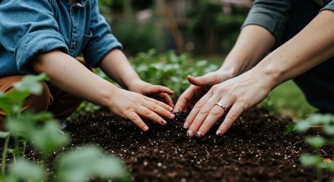Multiple hands forming protective circle around small plant sprouting soil. Teamwork environmental protection concept. Community gardening banner