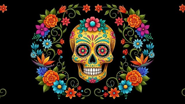 Day of the Dead skull framed by vibrant flowers blooming. Calavera art, Dia de los Muertos celebration, vibrant colors. Ideal for cultural events, graphic design, & festive themes.