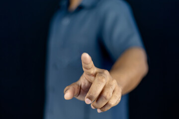  a man in a blue shirt extending his other hand with the palm. This versatile gesture can represent various concepts , making it ideal for business, financial, technological, and conceptual designs.