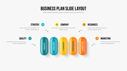 Company Plan 5 Option Diagram Frame Design. Service Insight Five Element Infographic Slide Template. Business Analysis Presentation Layout Vector Illustration.