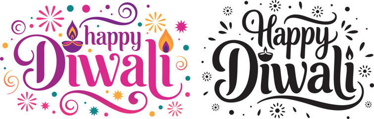 Colorful and black and white typography for Happy Diwali festival logo