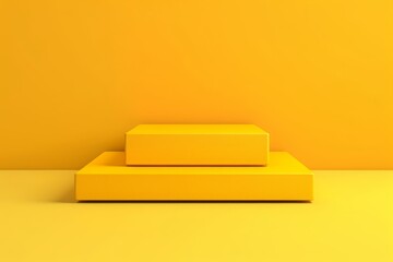 Display, advertising, product placement or exhibition concept with empty display stands on yellow floor against a yellow wall with copy space. Podium or stage. Stairs. 