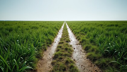 Fototapeta premium Rural Dirt Road Through Lush Green Fields Under Dramatic Dark Sky