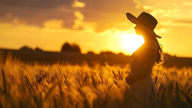 Silhouette of woman in wheat field at sunset golden hour photography stock image and video for sale