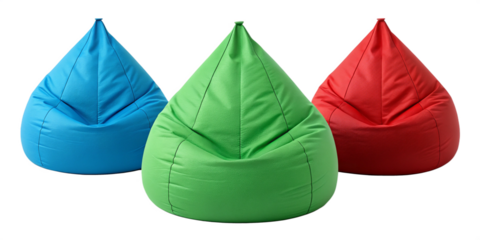Colorful Bean Bag Chairs Set – Blue, Green, and Red on Transparent Background
Three Soft Plush Bean Bag Chairs with Pointed Tops Isolated on Transparent Background