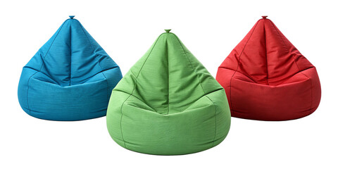 Colorful Bean Bag Chairs Set – Blue, Green, and Red on Transparent Background
Three Soft Plush Bean Bag Chairs with Pointed Tops Isolated on Transparent Background