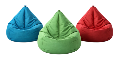 Colorful Bean Bag Chairs Set – Blue, Green, and Red on Transparent Background
Three Soft Plush Bean Bag Chairs with Pointed Tops Isolated on Transparent Background