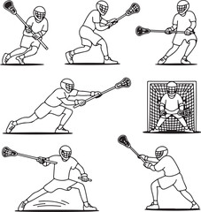 Lacrosse Action Line Icons – Player Poses, Passing, Shooting, Defense, and Goalkeeping in Dynamic Hand-Drawn Style