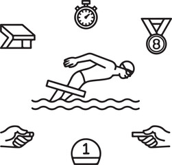 Competitive Swimming Outline Icons – Race Start, Medal, Timing Pad, Lap Counter, Swim Cap Numbers, and Relay Baton