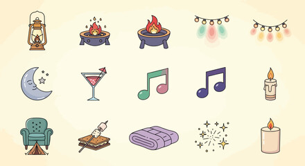Collection of whimsical hand drawn icons for celebration and music