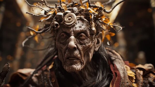 Ancient Shamanic Priest with Skull Crown and Ritual Garments in Ruined Temple