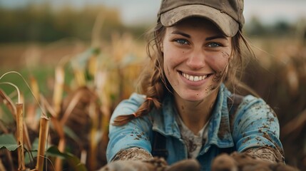 Portrait of a happy female farmer holding soil in corn field agriculture and sustainable farming concept