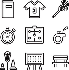 Lacrosse Essentials Vector Icon Pack – Game Strategy, Uniforms, Field Markings, and Coaching Symbols in Clean Linear Style