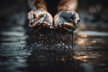 Hands covered in dark mud hold dripping water, creating dramatic and gritty scene. focus is on texture and contrast