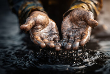 Dirty hands cupped together, covered in oil, with liquid dripping. image conveys sense of pollution and environmental impact