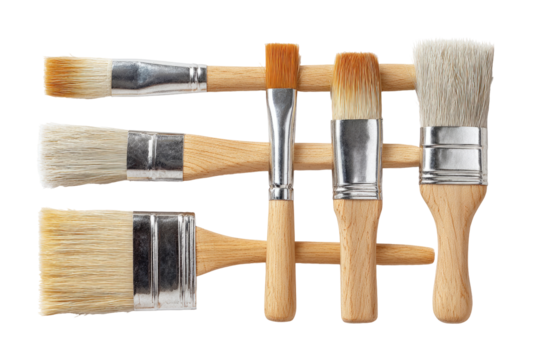Five paintbrushes, various types, stacked