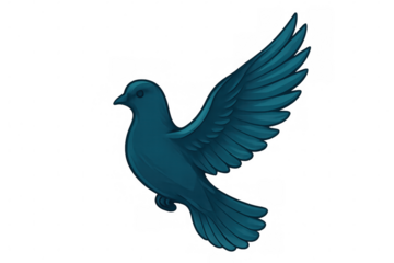 Blue dove soaring, wings spread wide, transparent background representing peace, hope, spiritual connection