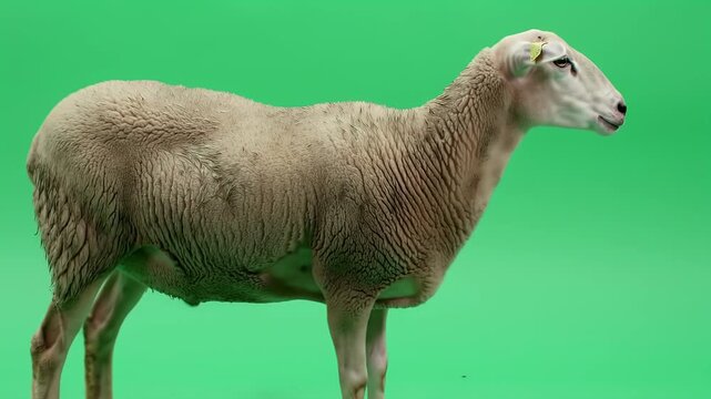 Adult Sheep Standing in Profile on Green Screen. Isolated Farm Animal for Easy Compositing