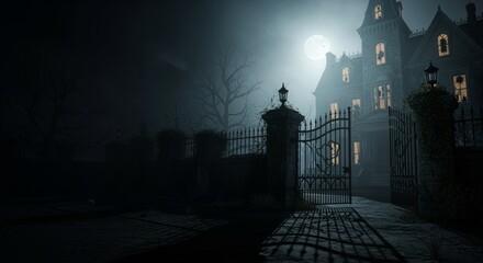 Eerie Shadows at the Haunted Mansion: Exploring Spooky Architecture and Fog-Laden Gate Under Moonlight