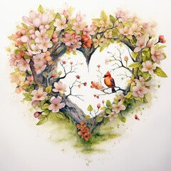Watercolor heart design featuring flowers and a bird in a vibrant natural setting