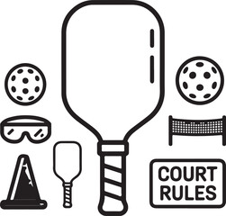 Pickleball Beginner Essentials Line Icons – Starter Paddle, Ball, Court Etiquette, Safety, and Practice Tools