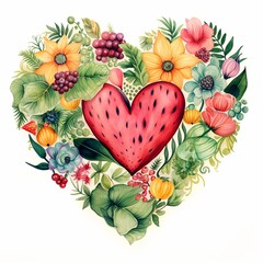 Vibrant heart filled with sunflowers and summer flowers in a watercolor design celebrating the beauty of nature