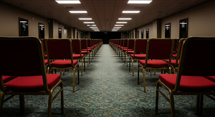 Long shot of rows of red chairs in a dimly lit hallway with patterned carpet on Krishna janmashtami
