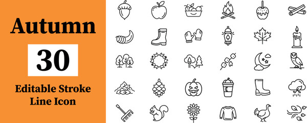 Collection of 30 autumn and thanksgiving icon isolated on transparent background