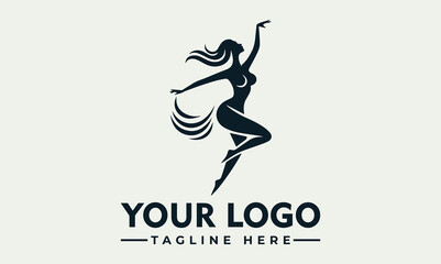 Silhouette logo of a leaping woman, stylized dance pose, elegant design.