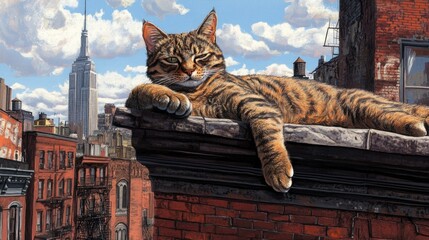 Relaxed Tabby Cat on Rooftop with City Skyline in Background