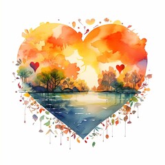 Vibrant autumn heart watercolor design showcasing a serene landscape with colorful trees and a reflective water surface