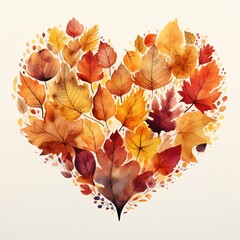 Beautiful autumn heart composed of colorful leaves in watercolor style showcasing warm seasonal tones