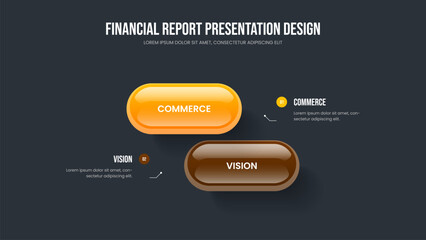 Creative Campaign 2 Step Diagram Slideshow Design. Company Visualization Two Element Infographic Slide Layout. Consulting Launch Presentation Template Vector Illustration.