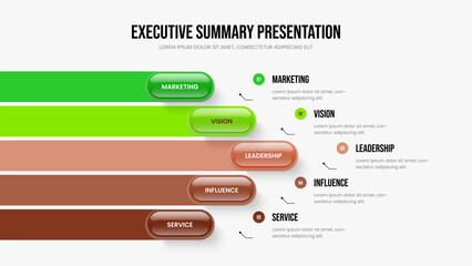 Consulting Strategy 5 Step Diagram Slide Design. Business Analysis Five Option Infographic Frame Layout. Visual Solution Presentation Template Vector Illustration.