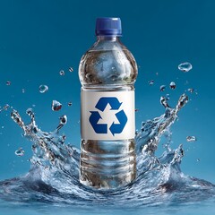 Plastic bottle with a recycling symbol and water splashing