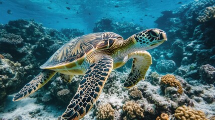 Fototapeta premium Graceful Sea Turtle Swimming Through Vibrant Coral Reef Landscape