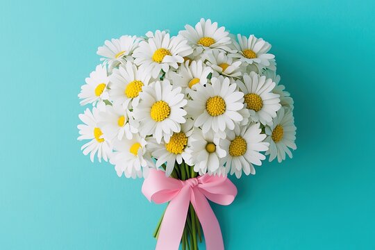 A bouquet of daisies with a pink ribbon on a blue background, top view. Valentine's Day concept, White and yellow flowers, a minimalistic composition, Mother's Day or wedding ceremony decor.