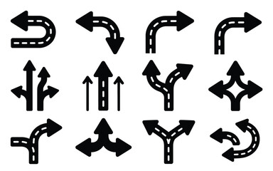 Vector art of collection of various arrow icons isolated on white background for navigation or direction