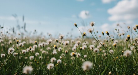 White wildflowers blooming in natural meadow with soft bokeh background and golden sunlight. Delicate Queen Anne's lace creating peaceful garden. Flower seeds, gardening supplies, landscaping service