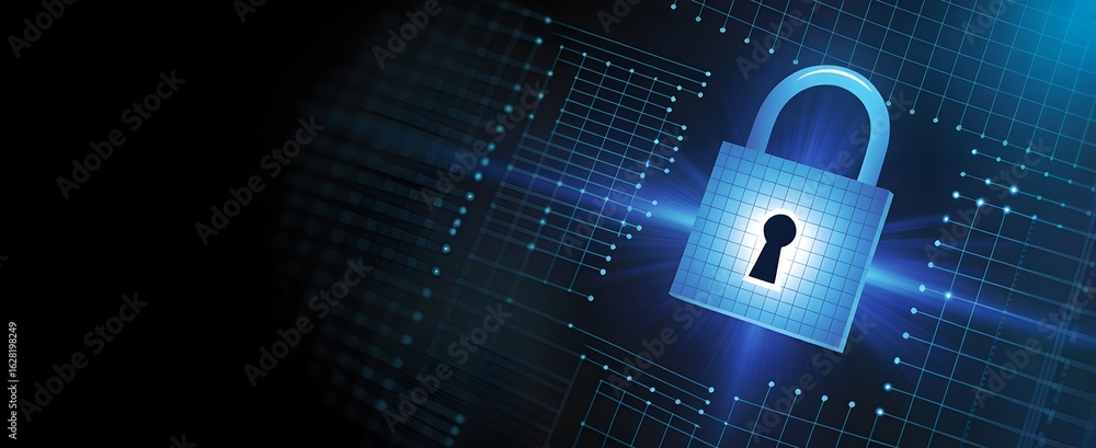 Poster digital security: the glowing, intricate padlock symbol symbolizes digital security on a technologic
