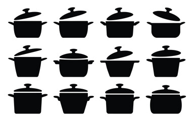 Vector art of collection of black and white vector icons of cooking pots isolated on white background
