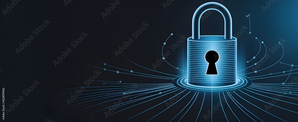 Poster cybersecurity lock: an illuminated padlock, symbolizing digital security and protection, radiates a 