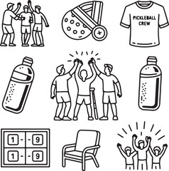 Pickleball Lifestyle & Social Icons – Club Meetup, Tournament Medal, Scoreboard, Team Shirt, and Water Break