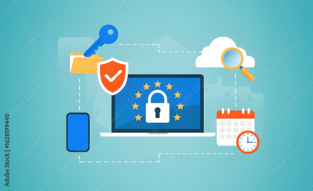 Poster digital privacy and data security: an illustrative, flat-design composition highlighting secure data