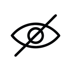 Flat black vector icon of a crossed-out eye representing privacy protection or visibility off. Minimalist silhouette design on white background.