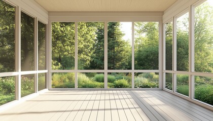 Fototapeta premium Contemporary Screened Porch Enclosure Featuring Plastic Windows And Composite Flooring With A Rustic Summer Woods Aesthetic.