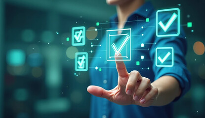 Woman's hand interacts with glowing teal checkmarks; digital checklist concept; futuristic, modern, and efficient.