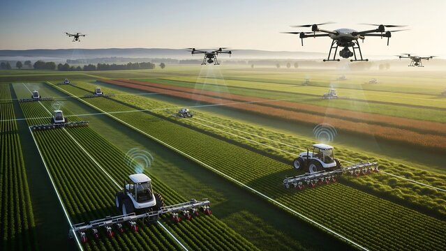This image shows a high-tech farm with autonomous tractors and drones working in a field, symbolizing modern agriculture, precision farming, and sustainable technology.