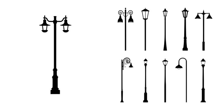 Silhouettes of modern street lamp posts gathered on a plain white background