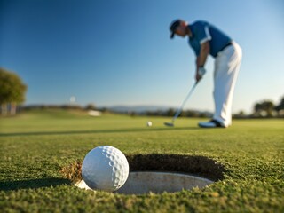 A golf scene with a golfer in the background preparing to swing at a ball near a hole. The foreground features a golf ball resting on the green next to the hole, with a clear blue sky.